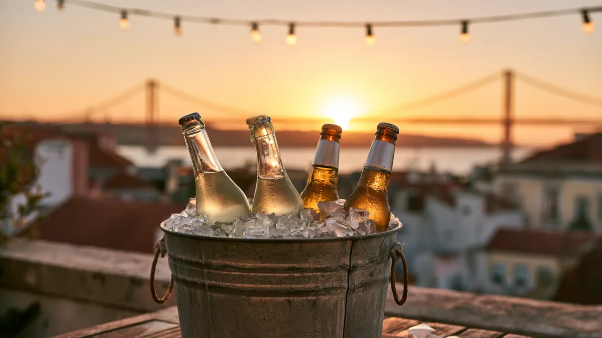 Balde de gelo com bebidas num terraço em Lisboa ao pôr do sol, com a ponte ao fundo