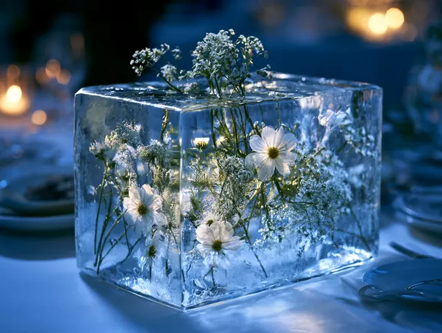 Bloco de gelo com flores num evento