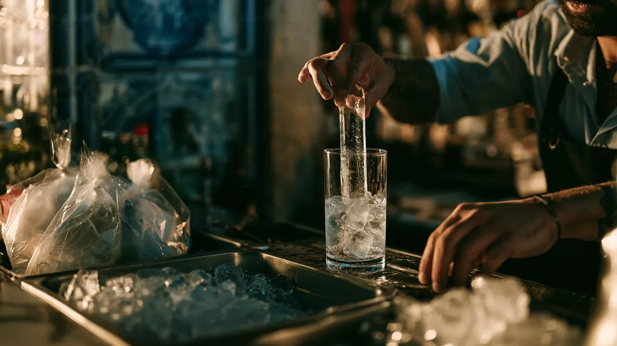 Barra de gelo Collins num copo de gin tónico, balcão de bar com azulejos em Lisboa
