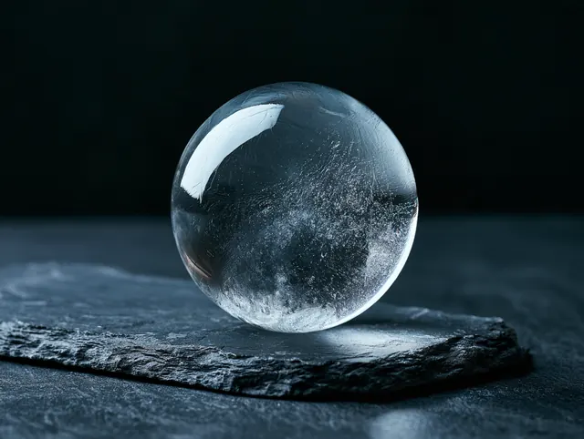 Esfera de gelo transparente sobre ardósia